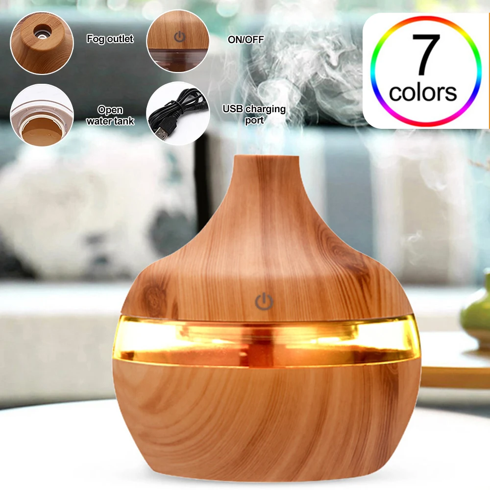 5V 2W 300ML Water Capacity Air Humidifier Essential Oil Diffuser USB Ultrasonic Dark Wood Light Grain LED Light for House Room