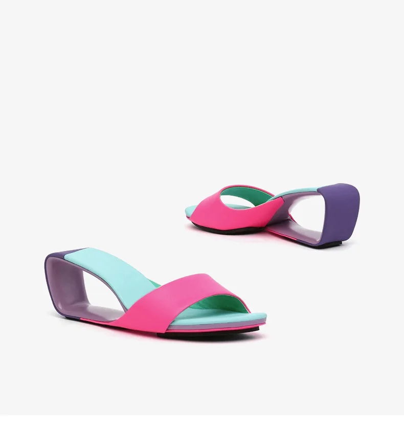 

Pu Leather Patchwork Round Toe Outdoor Summer Women Slippers Shallow Strange Style High Heels Slip On Design Large Size Shoes