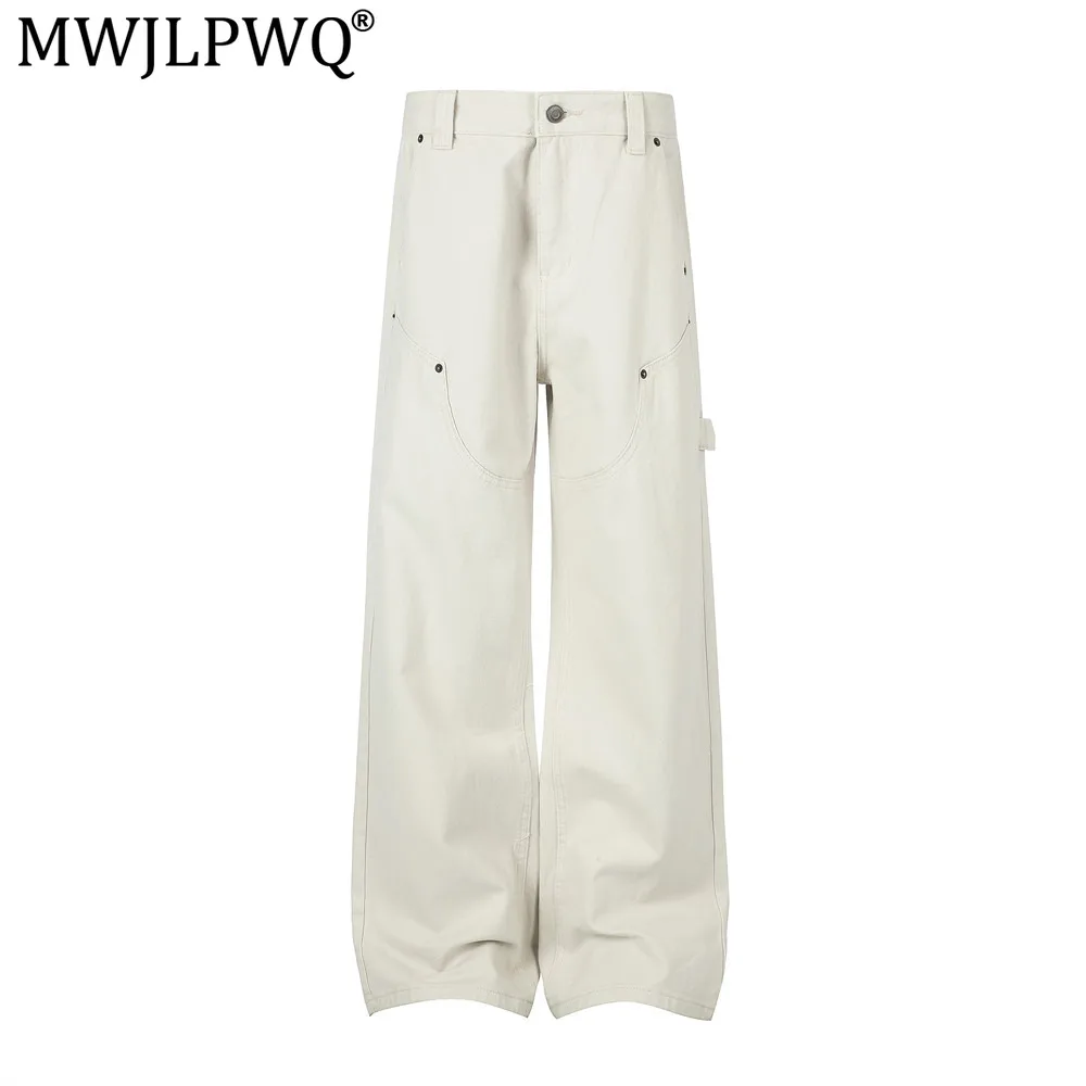 MWJLPWQ Cleanfit Solid Color Straight-Leg Denim Pants Men Street Fashion Workwear Patchwork Design Loose Wide Leg Trousers 20985
