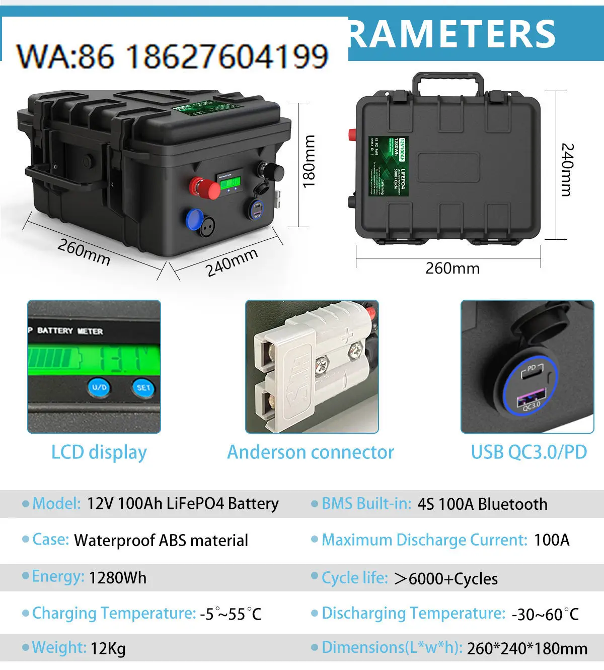 

12V 24V 36V 48V LiFePO4 Battery Pack, 100Ah-200Ah Waterproof, RV Boat Marine Solar Energy Storage Battery
