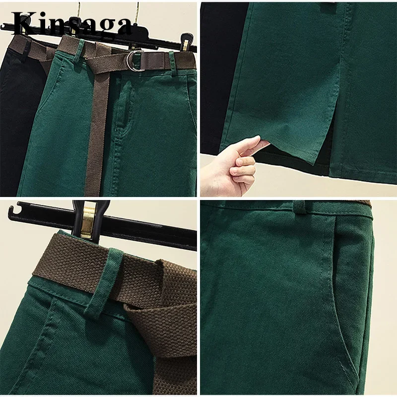 Woman Dark Green Straight Midi Skirts with Belt 4XL Spring Fall Elegant Korean Front Split Mid-length Sashes Belted Pencil Skirt