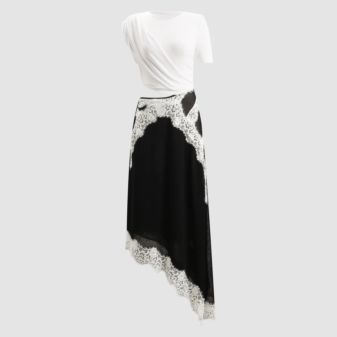 

T-Shirt-Style Spliced ​​Dress — Elegant & Stylish Women's Dress with Swirling Lace Paneling (Summer 2026 New Arrival)
