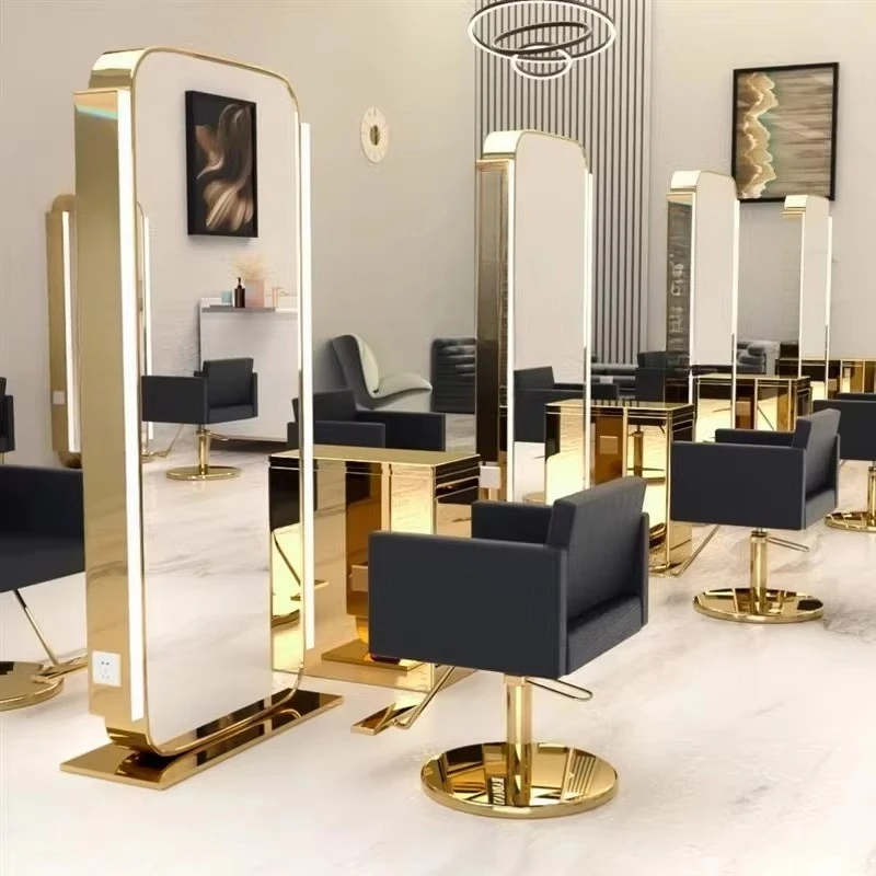 모던 럭셔리 양면 미용실 가구 골드 살롱 미러 스테이션 LED 조명 및 캐비닛 포함