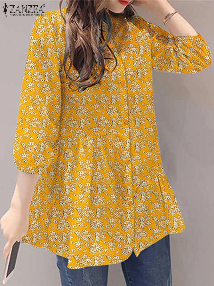 ZANZEA femmes Blouses 2025 automne Vintage chemise florale imprimé bohème élégant col montant 3/4 manches tunique décontractée hauts Blusas