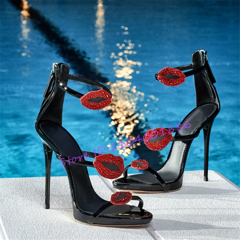 Sexy Red Lips Rhinestone Women Sandals Black Patent Leather Strap Platform Open Toe 11Cm High Heels Banquet Party Stiletto Shoes