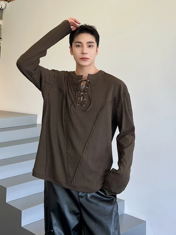 

Autumn New Sle Men's Casual Long Sve T-irt with Belt Personali Splicing Base irt Youth Faion Loose Fit round Ne