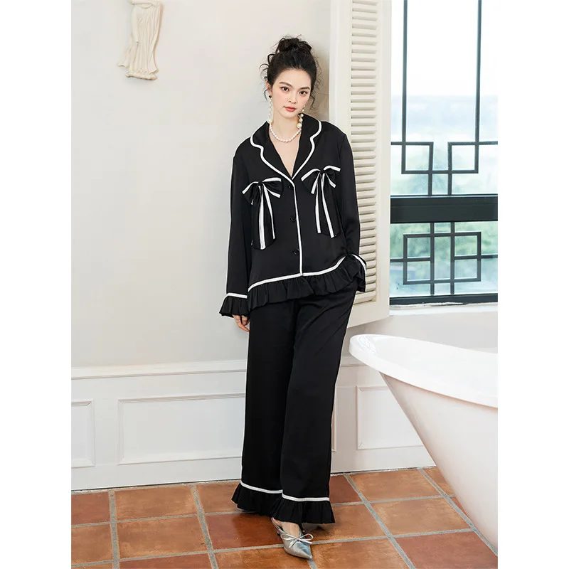 

Black White to Simple Sweet Cool Pajamas Women's Spring and Autumn Bow Contrast Color Long Sleeve Pants Set Ruffled Home Clothes