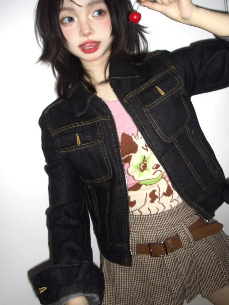 American Vintage Denim Short Coat Women 2026 Spring Autumn New All-match Jackets Y2k Lapel Neck Long Sleeve Tops Mujer
