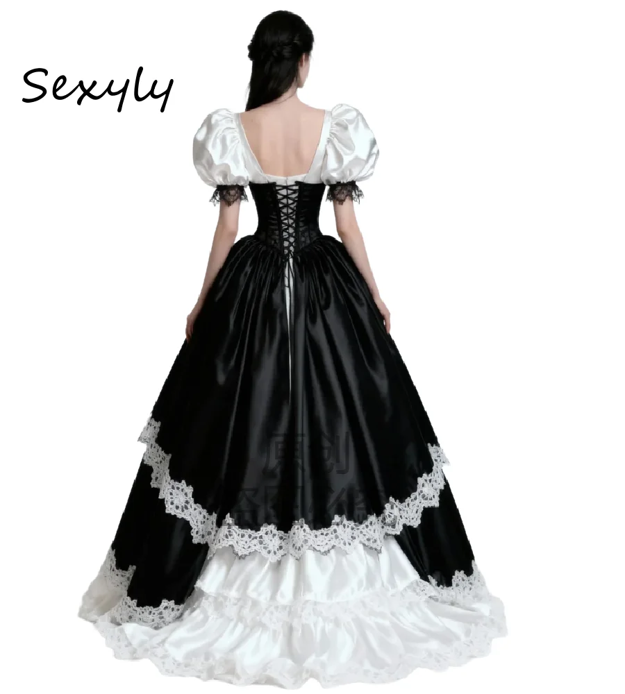 Suknia ślubna w stylu gotyckim z motywem wampira 2026, bufiaste rękawy, czarno-biała, średniowieczna suknia ślubna, koronkowy gorset, wiktoriańska, w stylu czarownicy, Celtio