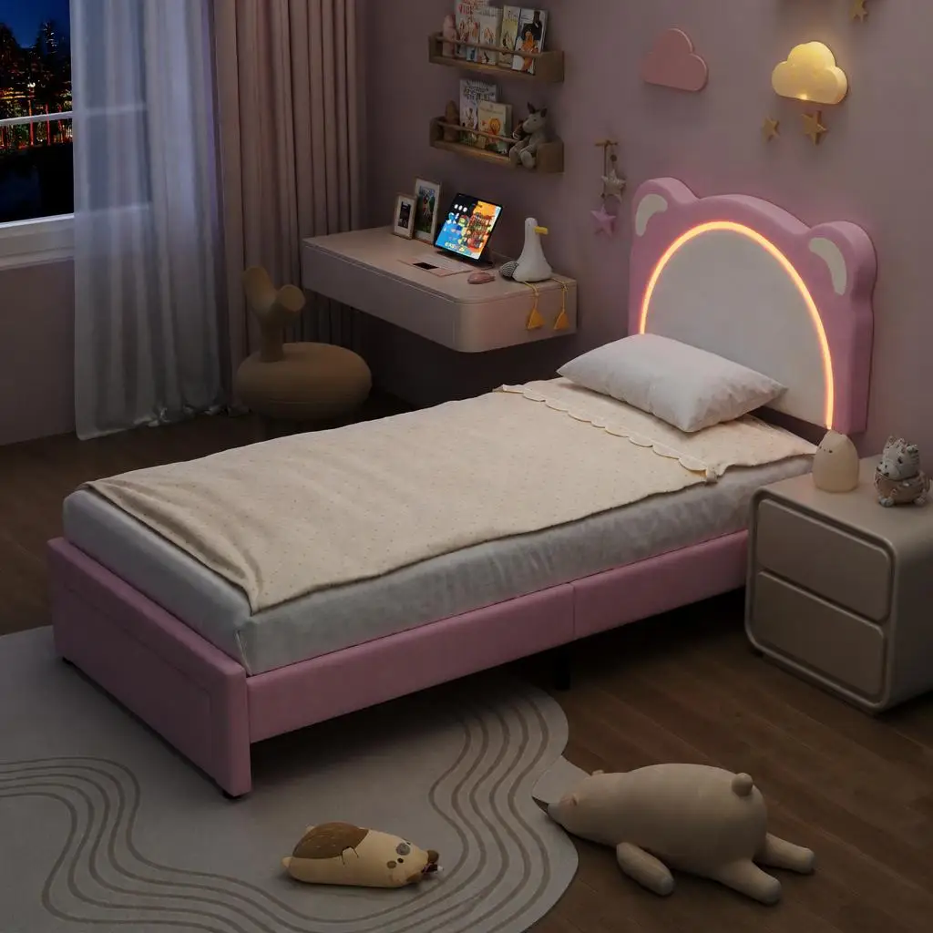 GarveeLife Kids Velvet Upholstered Platform Bed Frame with Smart LED & Storage Drawers, Adjustable Bear Headboard, Solid Wood Slats, Noise-Free, No Box Spring Needed, Twin XL, Pink/Blue