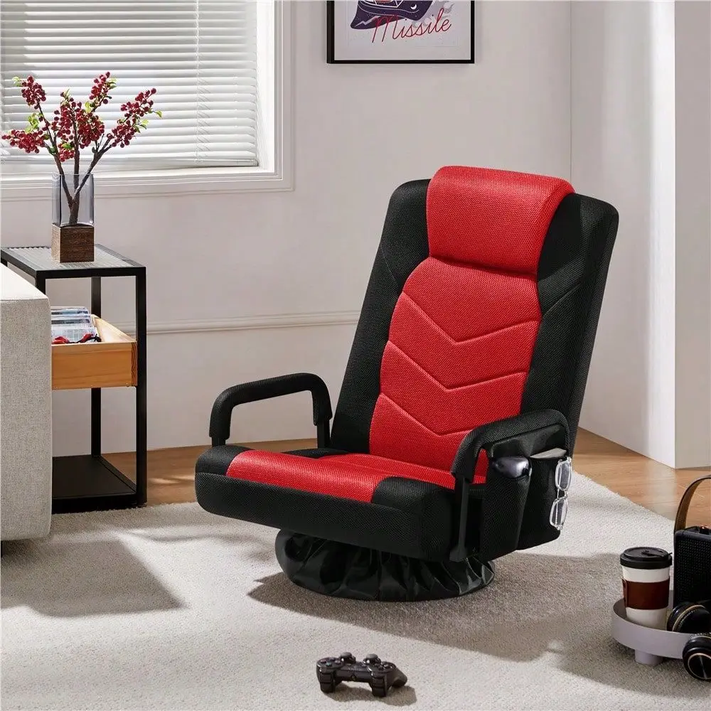 1PC Swivel Gaming Floor Chair With Adjustable Recline, Armrests, And Folding Design For Living Room Bedroom Game Room Study, Bl