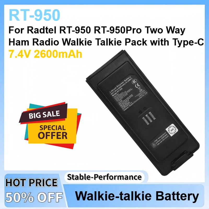 New 7.4V 2600mAh RT-950 Li-ion Battery For Radtel RT-950 RT-950Pro Two Way Ham Radio Walkie Talkie Pack with Type-C