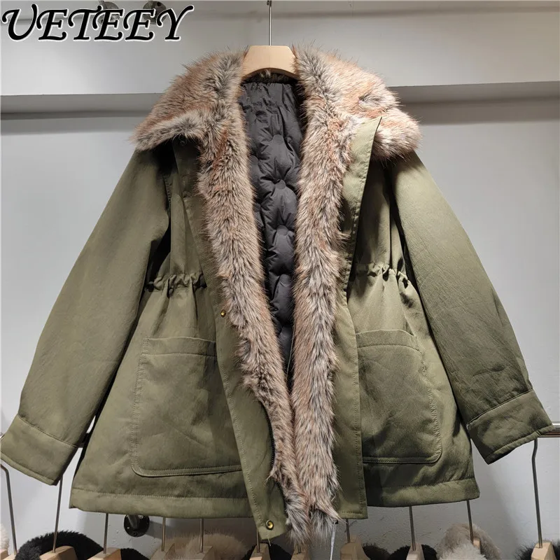 

Army Green Drawstring Waist Mid-Length Workwear Down Cotton Jacket for Women Winter New Turn-Down Collar Long Sleeve Warm Parka