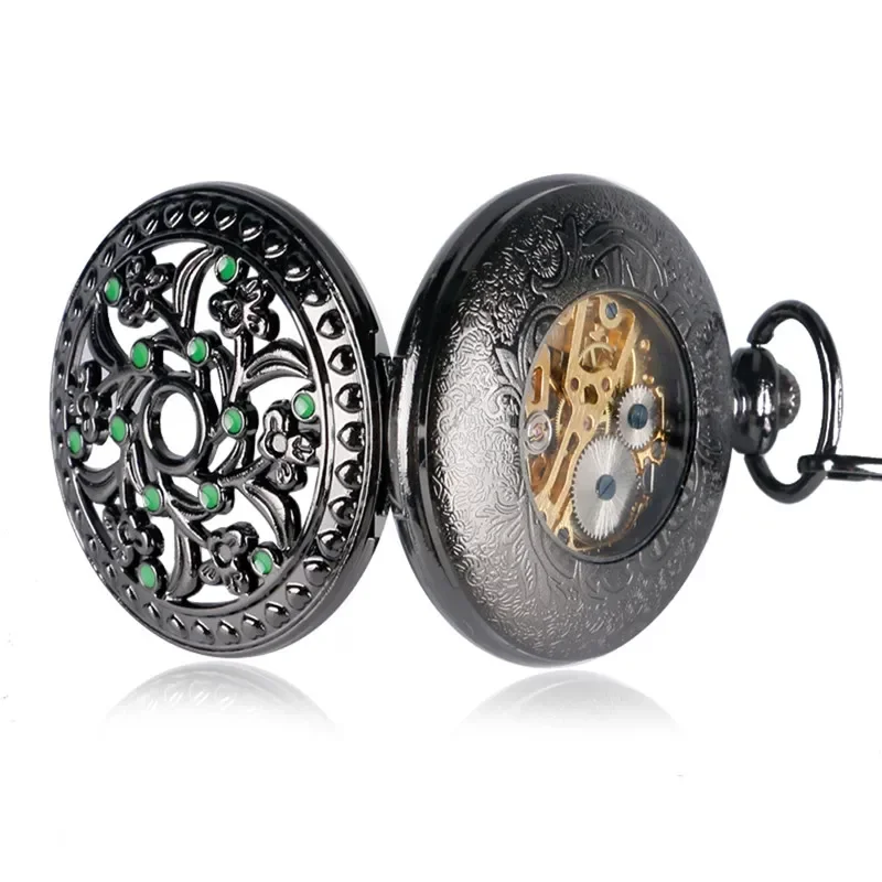 Steampunk Hollow Out Flower Case Men Women Skeleton Clock Handwind Mechanical Pocket Watch Arabic Number Dial Pendant Chain Gift
