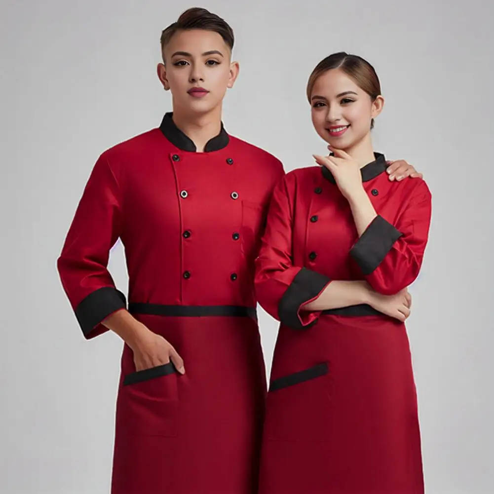 Unisex Chef Uniform With Chest Pocket Stand Collar Long Sleeve Double Breasted Chef Shirt Solid Color Kitchen Bakery Uniform