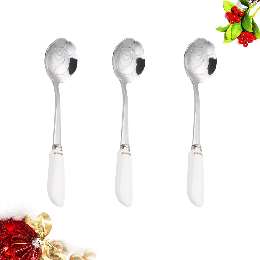 

3Pcs Stainless Steel Mixing Spoons Ceramic Handle Rose Petal Stirring Coffee Spoon Cocktail Milk Tea Dessert Mixing Spoons