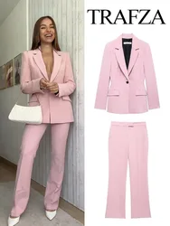 TRAFZA Women 2 Piece Set Pink Lapel Long Sleeve Pocket Single Button Design Slim Blazer Coat+Casual Loose Zipper Wide Leg Pants