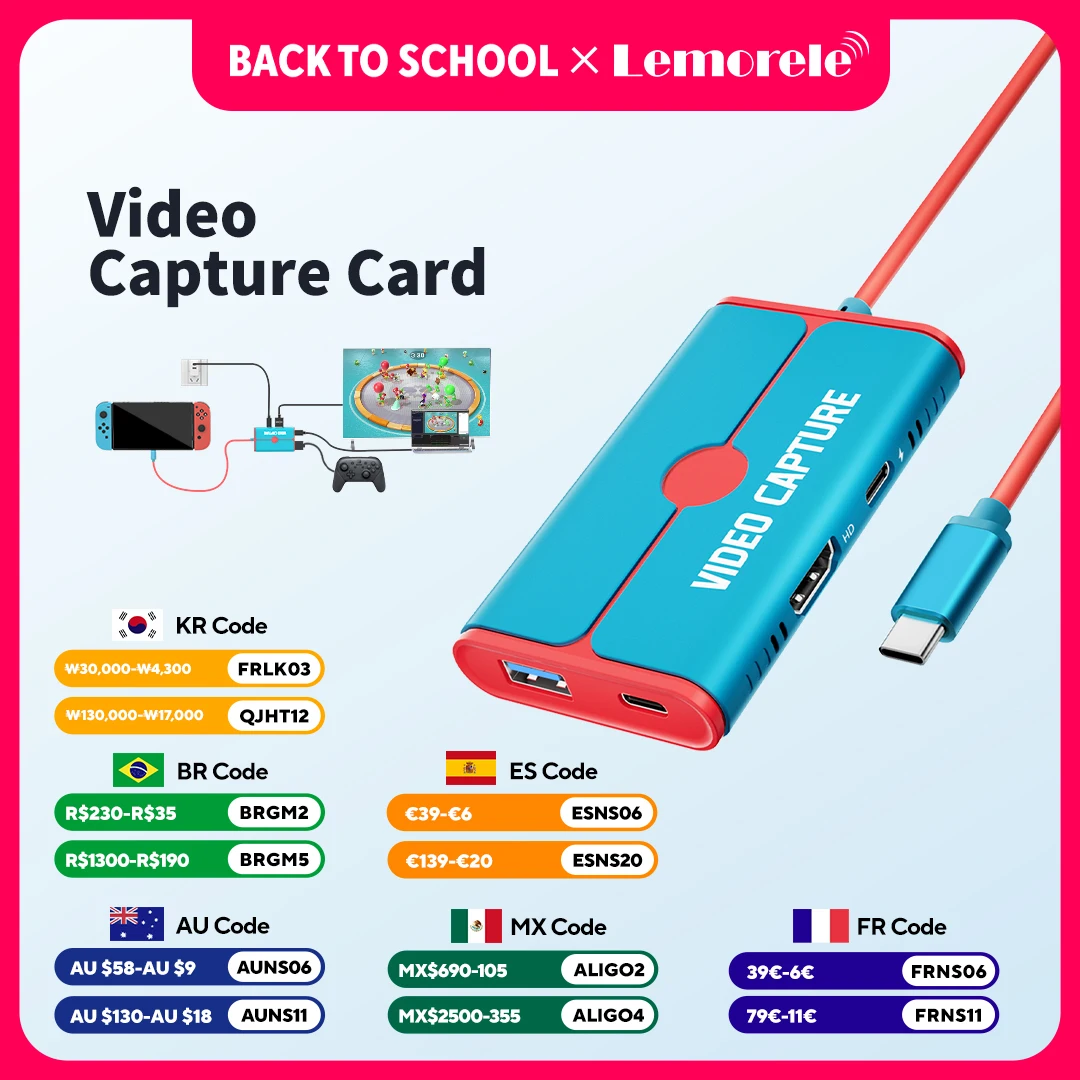 Lemorele USB 3.0 Video Capture Card With 100W PD Type-C to HDMI/USB Video Recorder for Game Recording Live Streaming Grabber