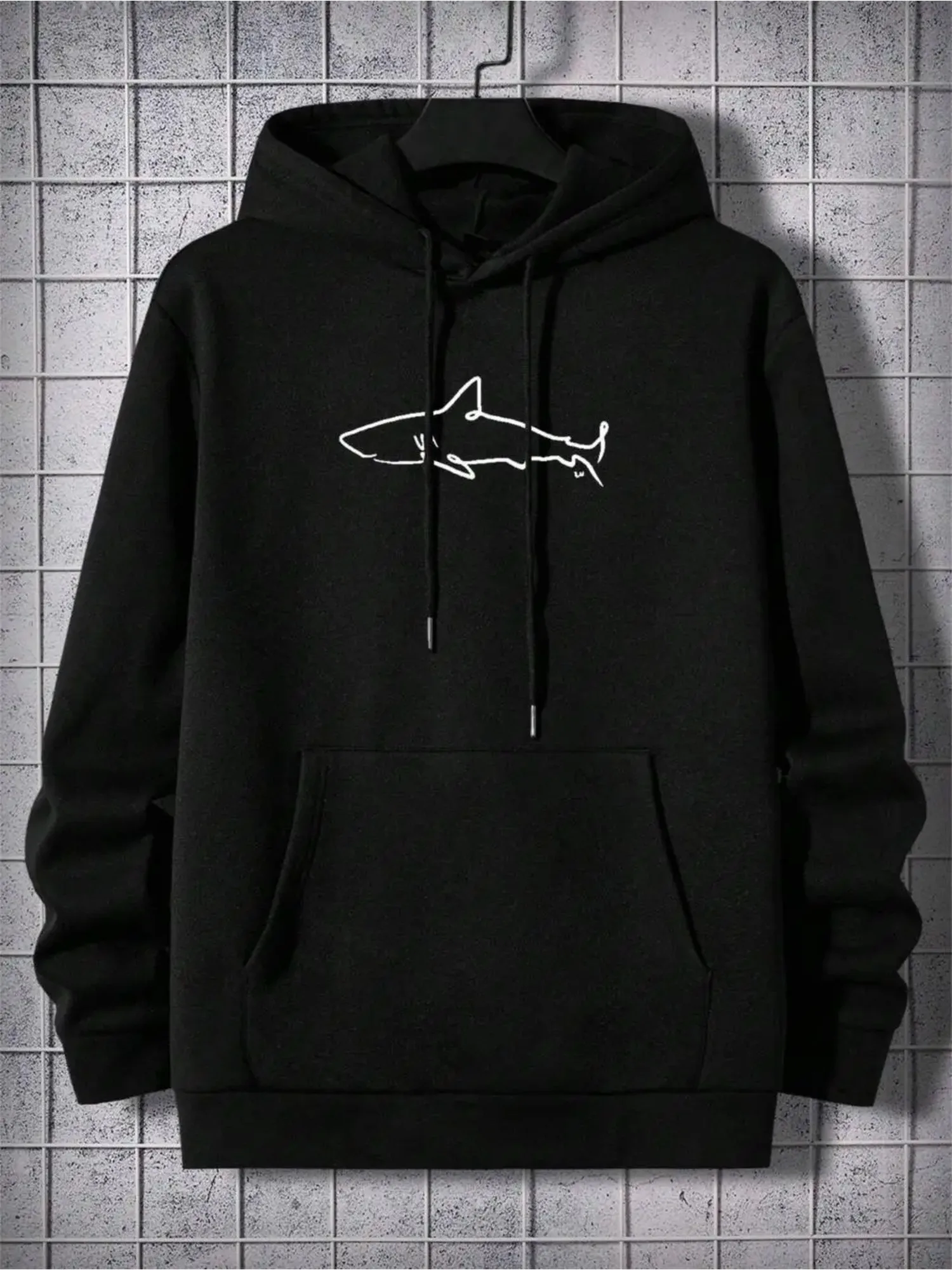 Simple Shark Printing Hoodie For Men Kangaroo Pocket Drawstring Pullovers Thermal Fleece Warm Sweatshirts Autumn Casual Clothes