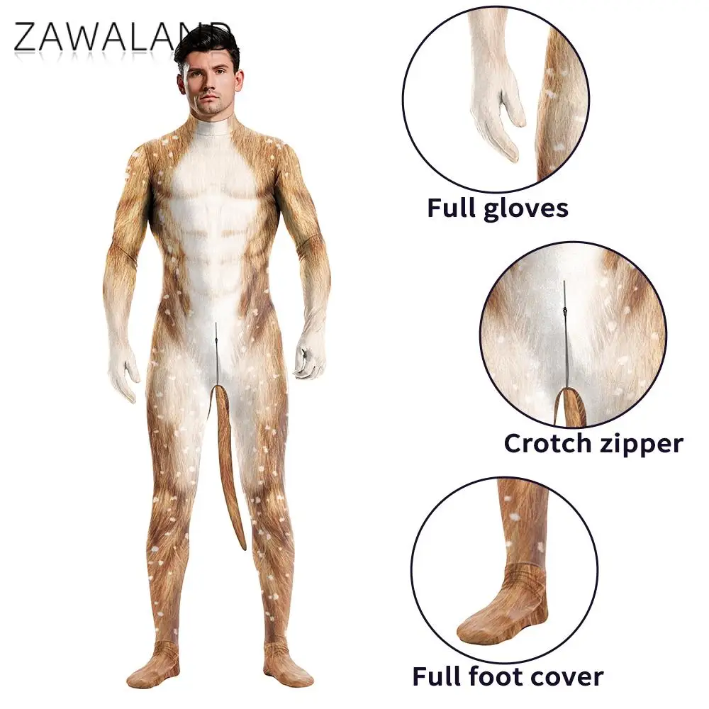 Zawaland Dog Puppy Men Petsuit with Tail Red Blue Husky Fancy Disguise Wear Halloween Deer Costumes Crotch Zipper Full Bodysuit