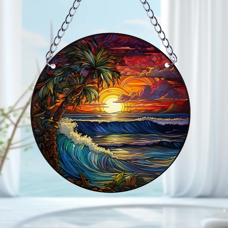 Atrapasueños de playa al atardecer, letrero de pared, tablero de arte acrílico teñido redondo, colgante de placa para puerta, decoración de Festival de granja