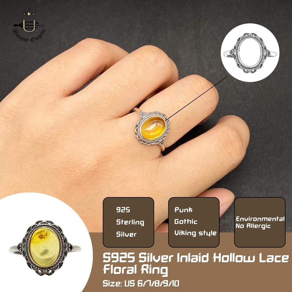 

HuaPo Vintage S925 Sterling Silver Ring Exquisite Hollow Lace Design with Genuine Amber Handmade Retro Jewelry for Women Fashion