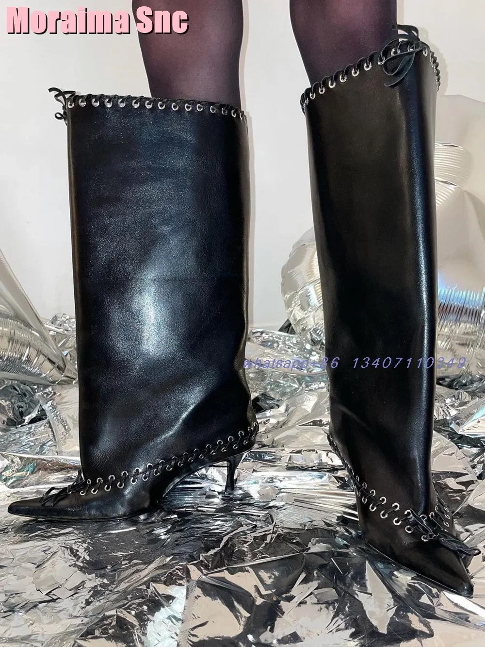 

2025 New Pointed Toe Eyelets Knee High Boots Laced Decor Slip On Kitten Heel Black Solid Sexy Women's Long Boots Autumn Winter