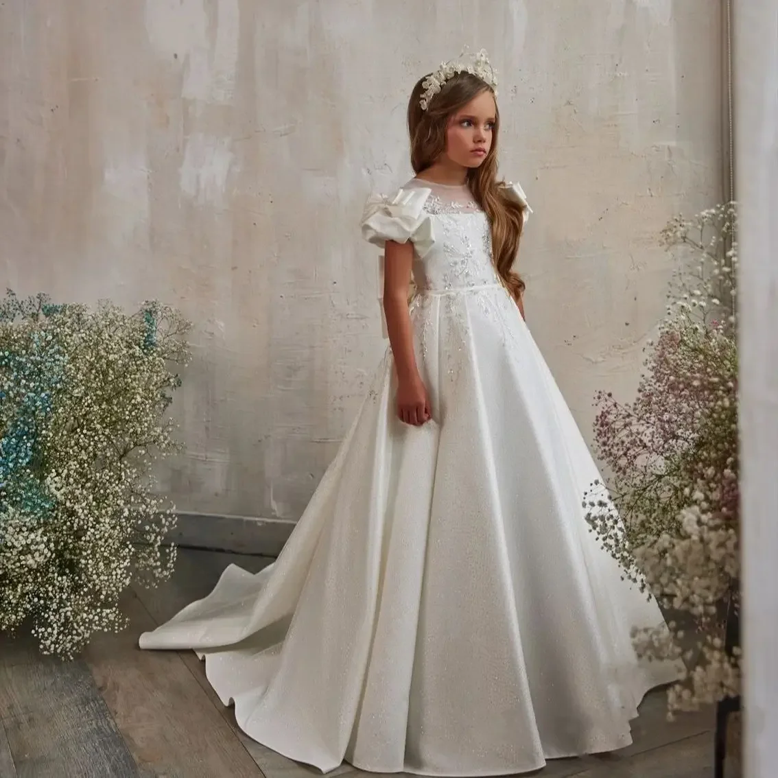 Vestidos de encaje de flores para niña, vestido de cuello transparente, princesa hinchada, fiesta de noche, desfile, primera comunión, blanco