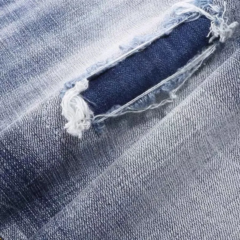 Street Fashion Men Jeans Retro Light Blue Stretch Skinny Fit Patched Ripped Jeans Men Brand Designer Vintage Denim Pants Hombre