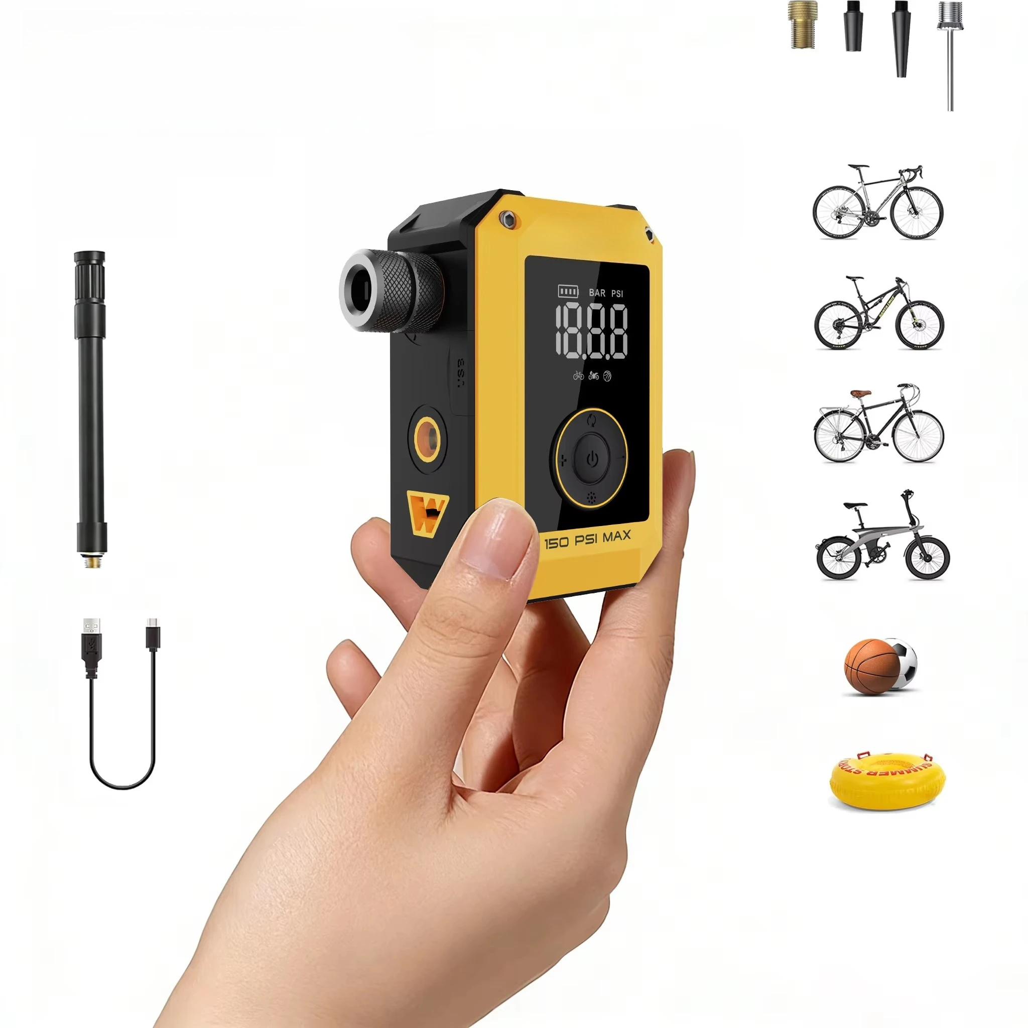 Ultra Light Cordless Mini Electric Bike Pump Portable Air Compressor 150PSI High Pressure LED Multi Use for Motorcycle Bicycle