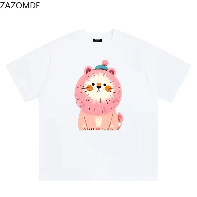 ZAZOMDE Cute Pink Lion with Pom-Pom Hat Print T-Shirt Unisex Casual Soft Cotton Round Neck Short Sleeve Summer Daily Cartoon Top