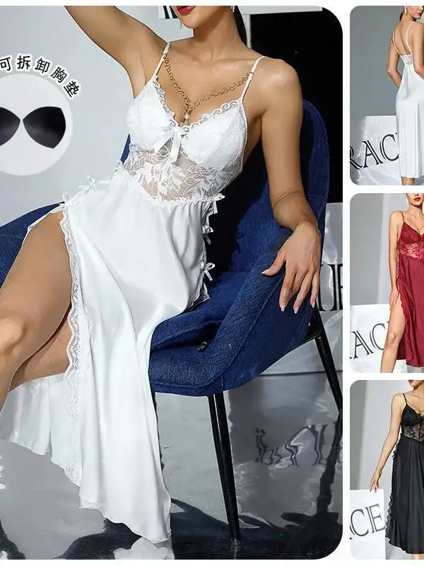 Sexy Spitze Patchwork Hohe Schlitz Nachthemd Mit Brust Pads Satin Strap Langes Kleid Einfarbig Backless Ärmelloses Kleid Charme MY1F