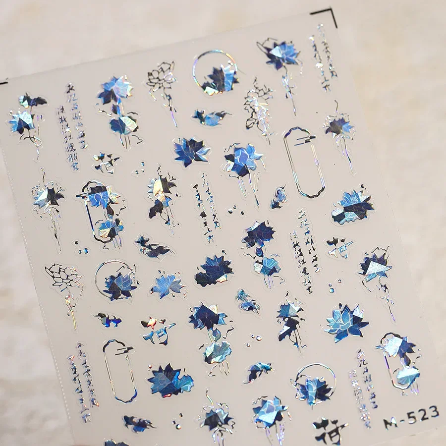 Chinese Stijl Mooie Retro Blauw Bloeiende Lotusbloem Goudvis Oude Poëzie Nail Art Stickers Strass Parel Manicure Stickers