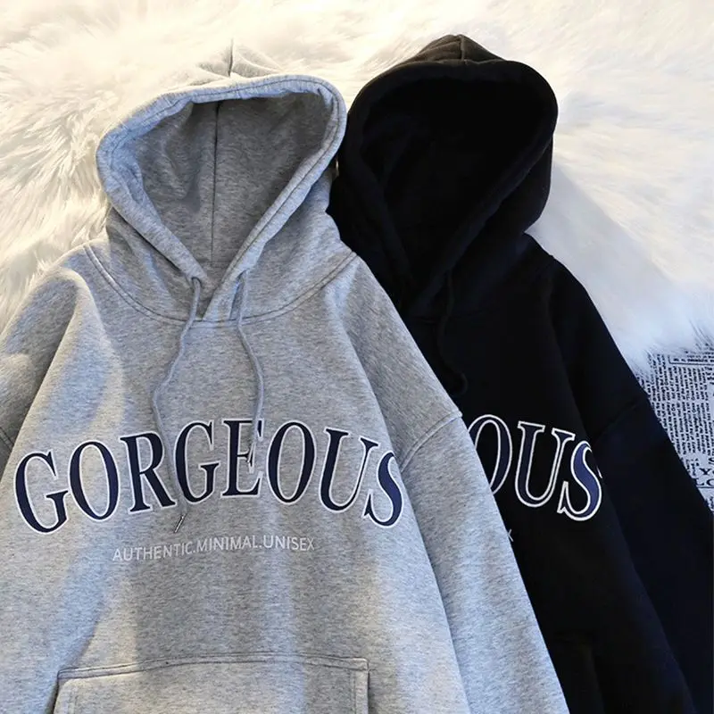 

Women's Clothing Grey Vintage Street Hoodie Letter Printing Long Sleeves Casual High Street Oversize Baggy Ladies Tops Autumn