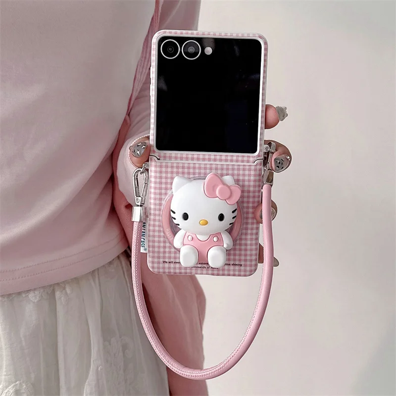 

Korean Cute Pink Plaid Pattern Magnetic Phone Case For Samsung Galaxy Z Flip 7 6 5 ZFlip5 ZFlip7 Cover with Stand For Magsafe Ca