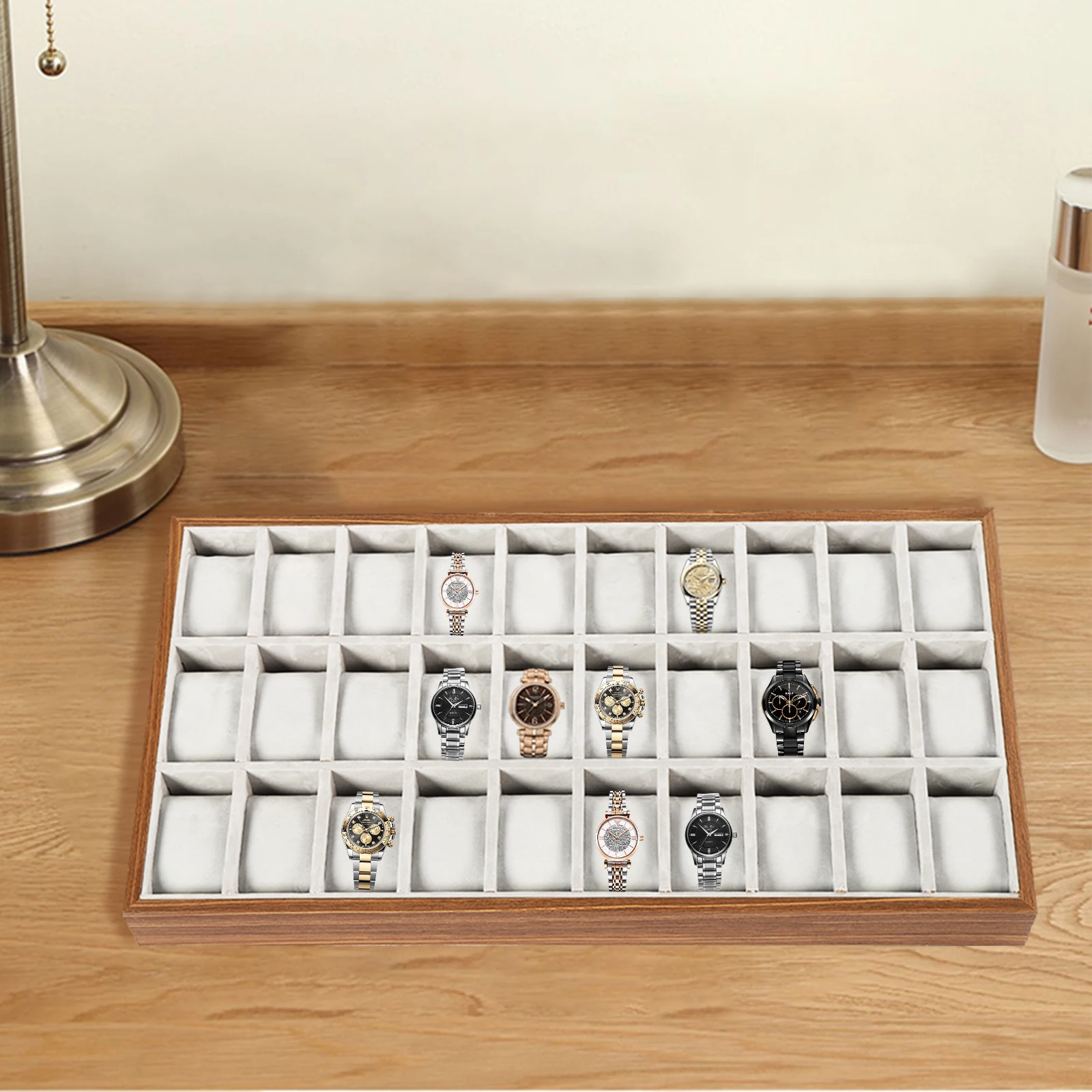 30 Grid Watch Jewelry Tray Organizer Wooden Box Organizer Display Tray Watch Bracelet Display Holder with Removable Pillow