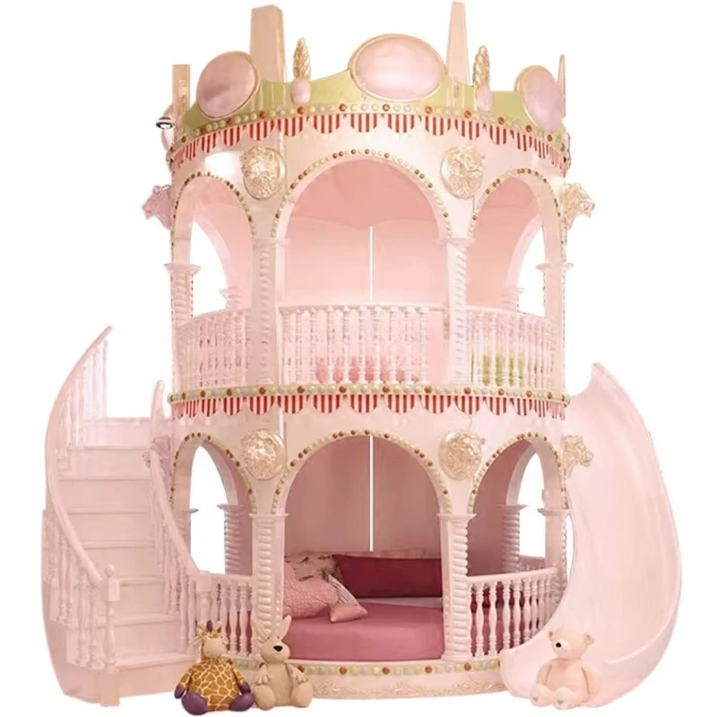 Beautiful Lovely Pink Castle Bed Girls Furniture Solid Wood Bedroom Luxury Princess Girl Slide Children Bed