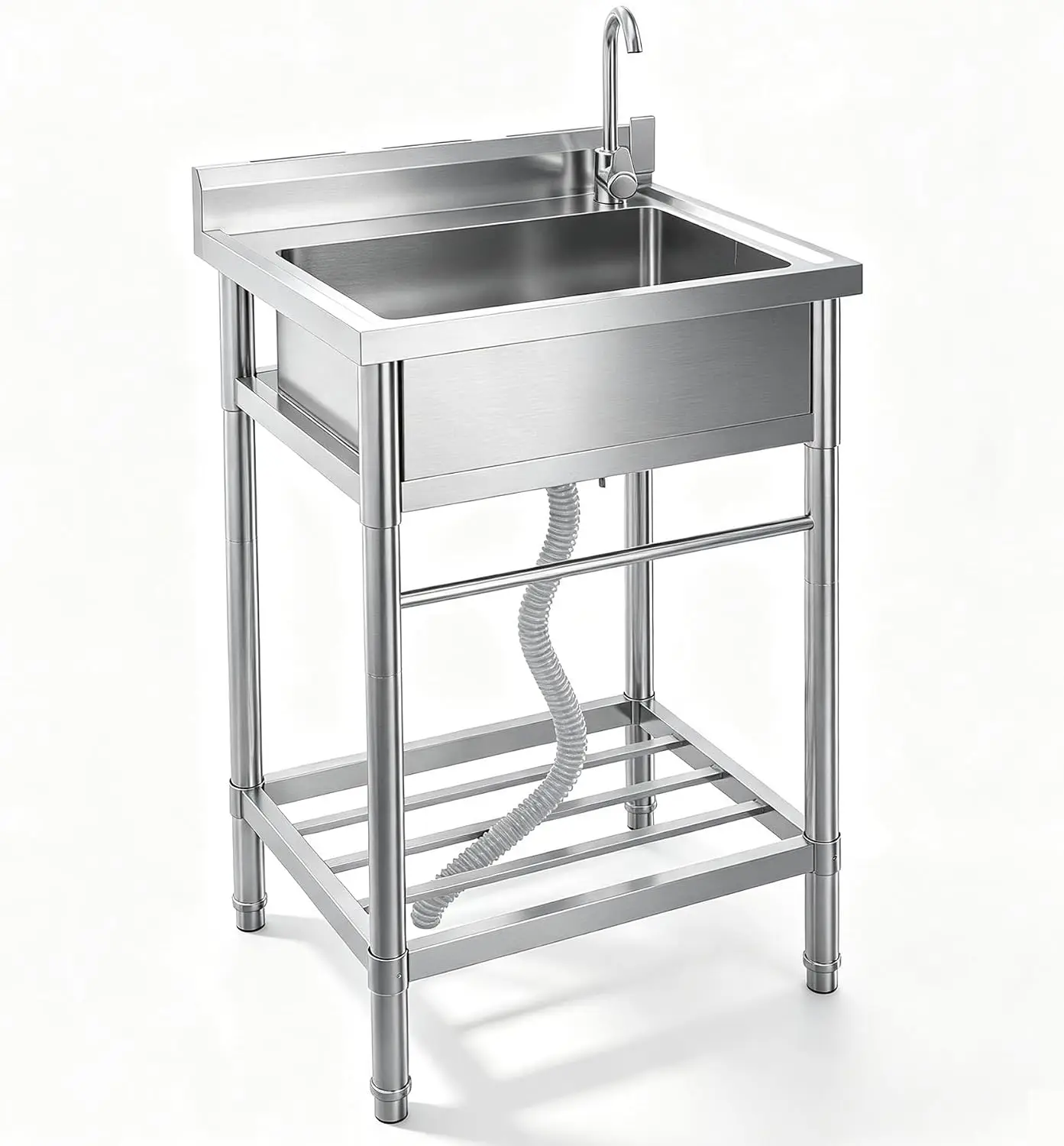 Stainless Steel Single-Bowl Utility Sink, NSF Certified Commercial Restaurant Kitchen Sink Set with Pull-Out Faucet & Hot/Cold Water Supply Lines for Kitchen, Bathroom, Garage