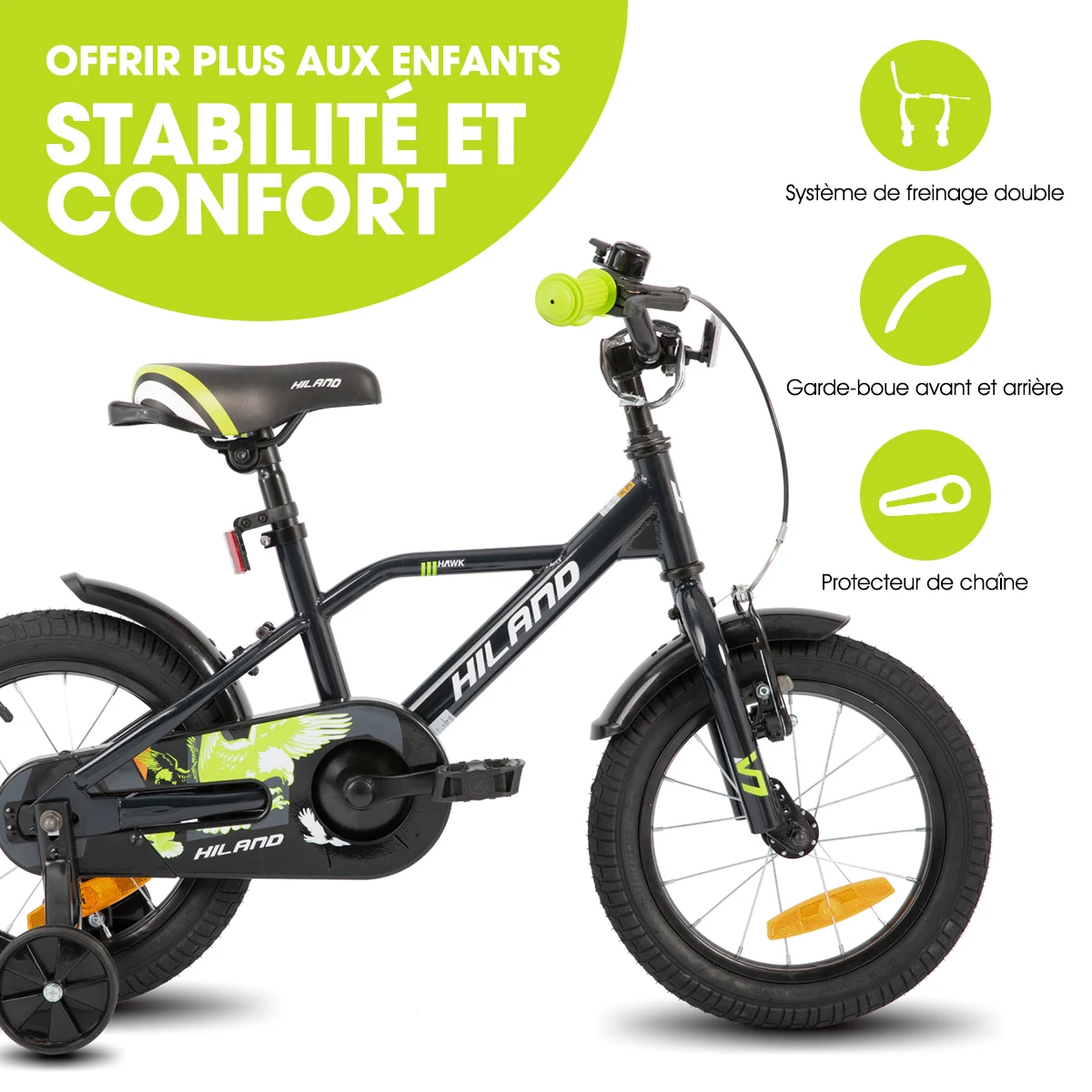 HILAND 12/14/16/20 Inch Children's Bicycle for Boys 3-9 Years with Stabilisers, Handbrake and Coaster Brake, Multiple Colours