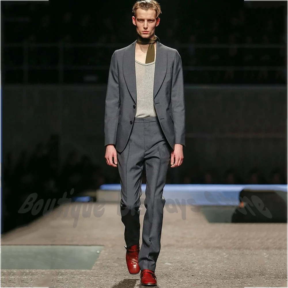 

Grey Slim Fit Men Suit 2 Pieces Shawl Lapel Single Breasted Formal Business Wedding Party Prom Jacket Pants Set High Quality