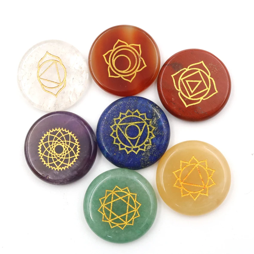 

XSM 7 Chakra Stones-Reiki Healing Round Crystal with Engraved Chakra Symbols Holistic Balancing Polished Palm Stones Set of 7set