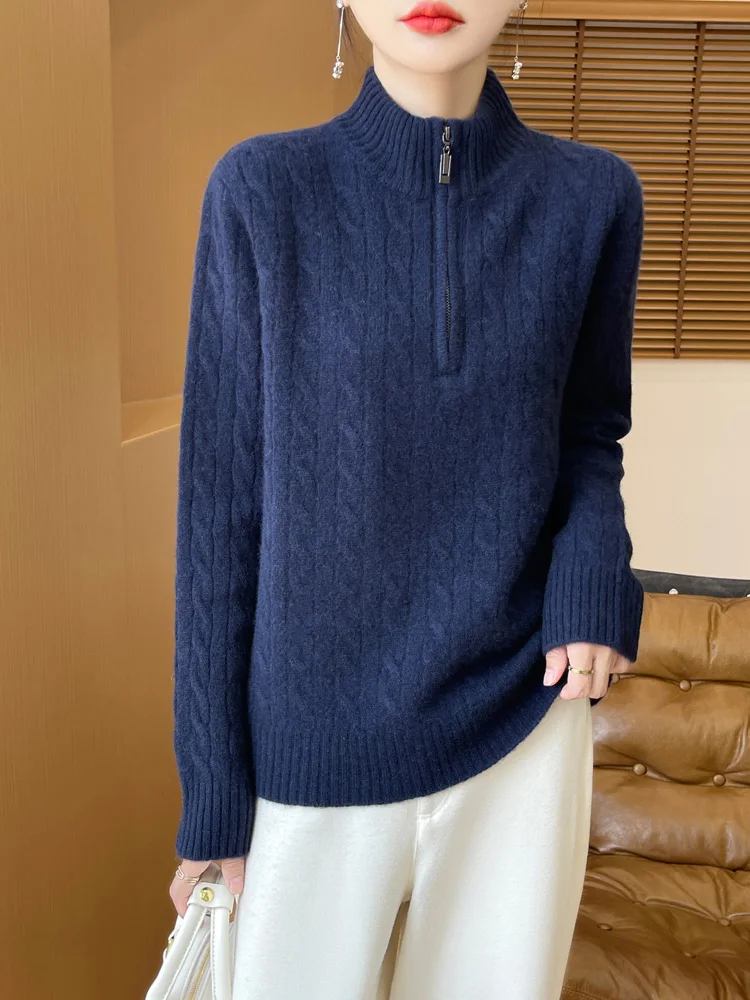 100% Merino Wool Women's Stand Up Collar Pullover Half Zipper Autumn Winter Thick Casual Fashion Knitted Cashmere Sweater