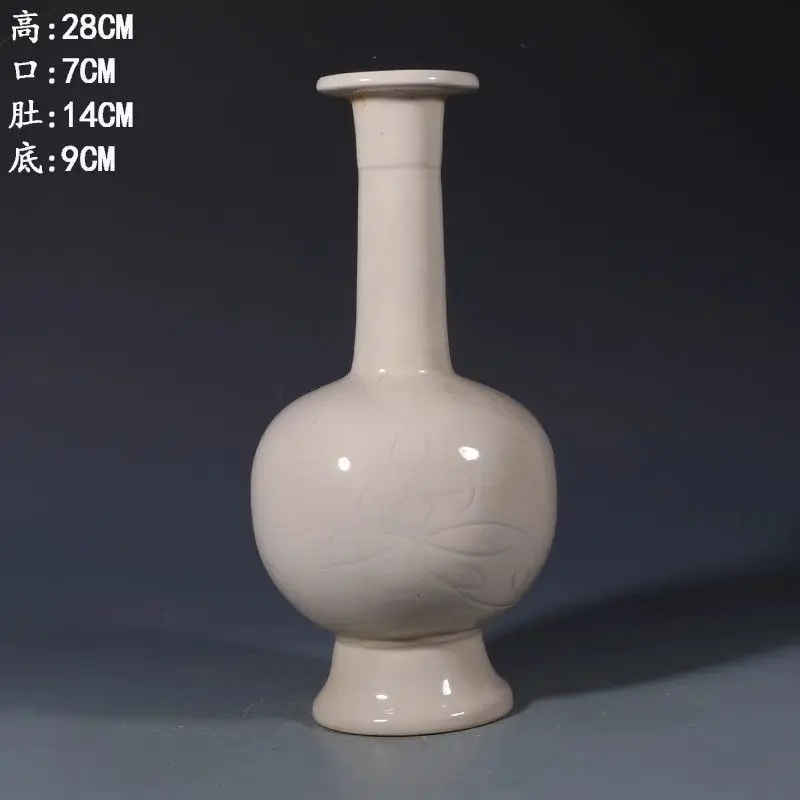 Ding Kiln White Glaze Carved Floral Long Neck Vase Chinese Antique Porcelain Plate Mouth Decor Bottle