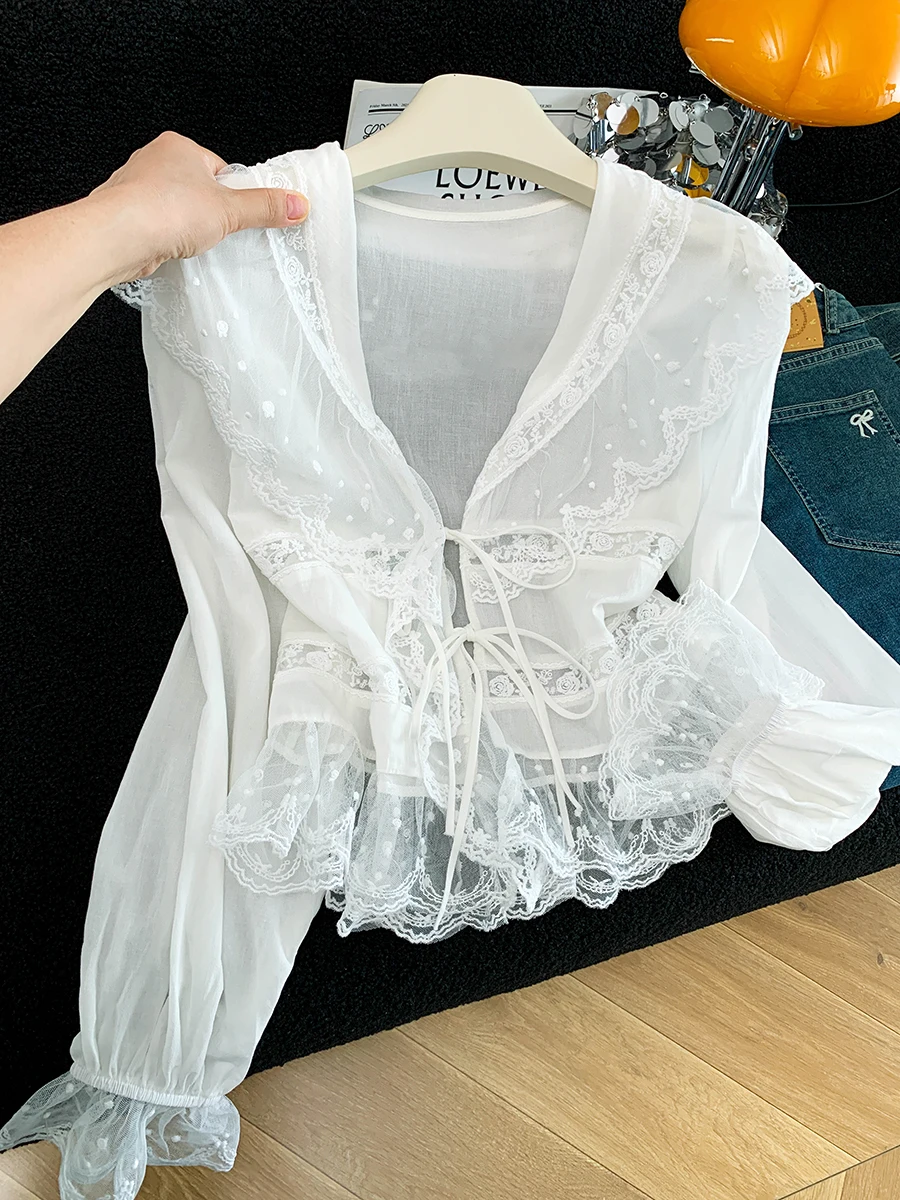 

Sweet Style V-Neck Lace Splice Belted Open Cardigan Women's Summer 2026 New Long Sleeve Sun Protection Silk Shirt