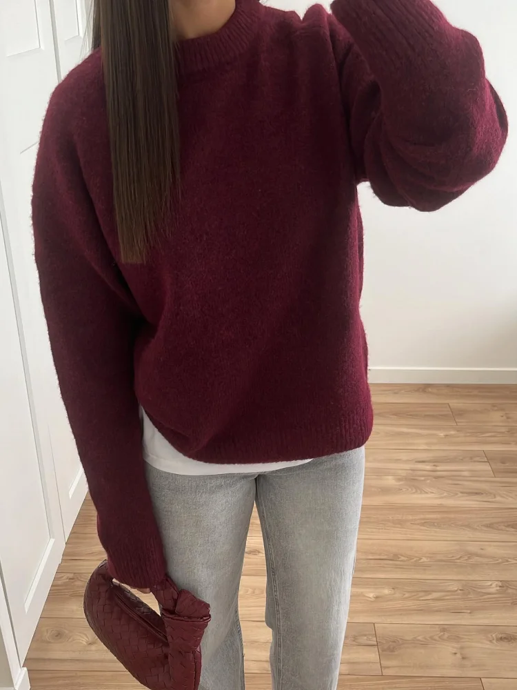 Women\'s Knitted O-neck Wine Red Casual Pullover Solid Color Long Sleeved Autumn Sweater Ladies Warm Commute High Street Knitwear