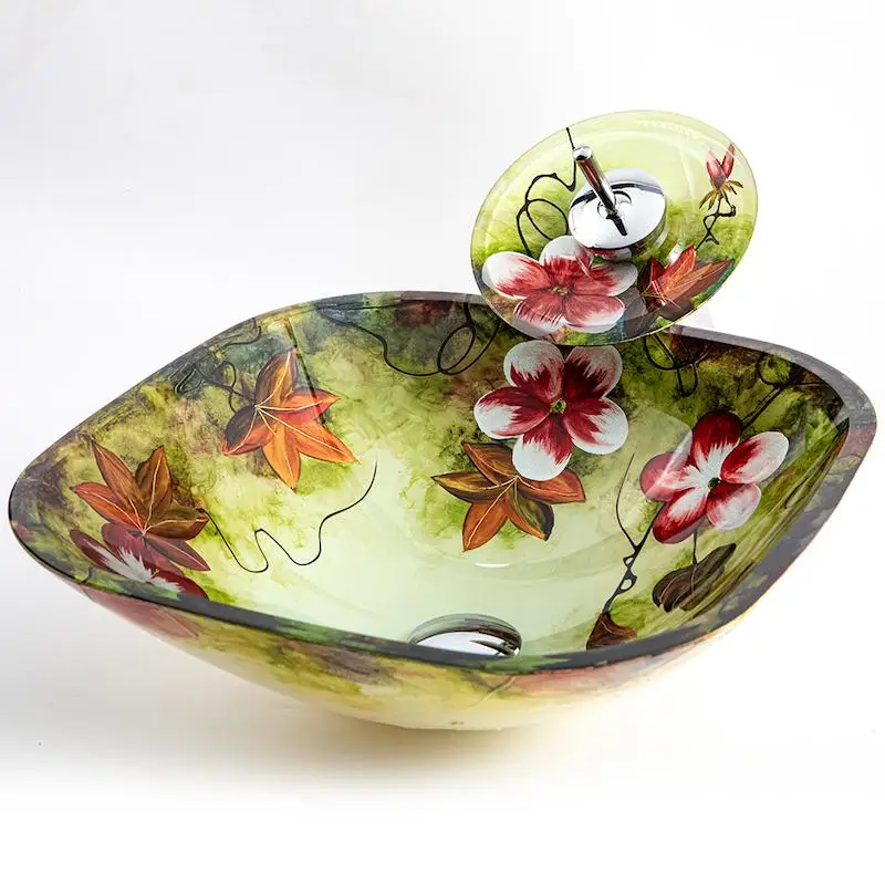 Retro floral tempered glass countertop basin, antique style washbasin, artistic washbasin