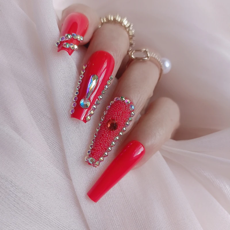 24pcs New design luxury jewelry long ballet coffin fake nails crystal diamond High-end red-1