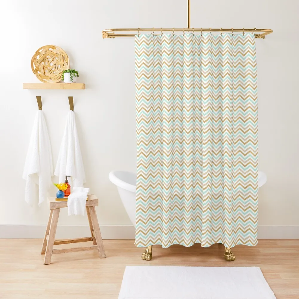 

Mint Green Gold and White Zigzag Geometric Pattern Shower Curtain Bathroom Decor Anime Bathroom Curtain