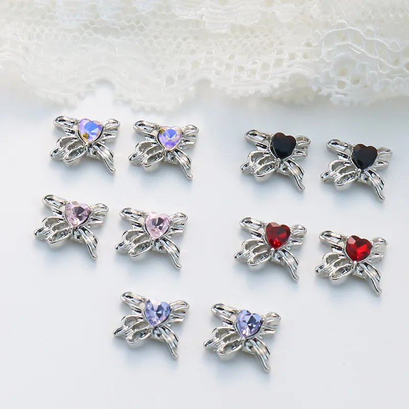 10PCS 3D Luxury Alloy Ribbon Bow Nail Charms With Heart Rhinestone Accessories Manicure Decor Nails Decoration Supplies Parts