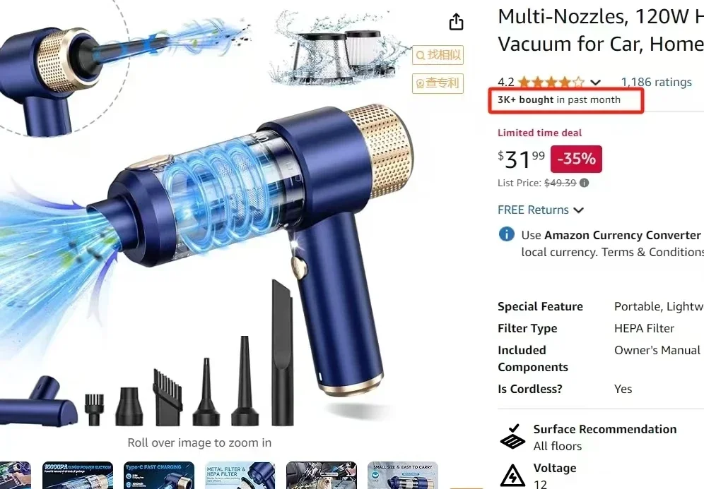 2025 Portable Rechargeable Handheld Car Vacuum Large Suction Power Blowing and Suction 2in1 Wireless Car Vacuum Cleaner